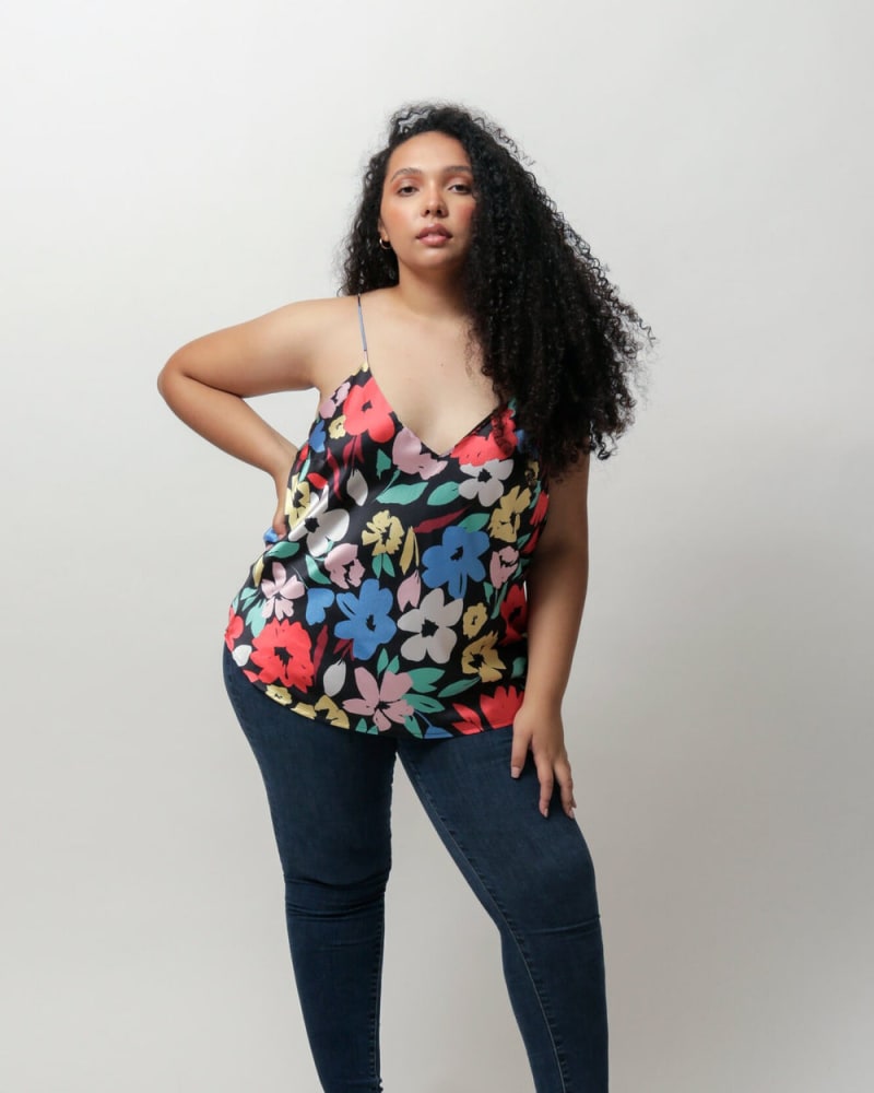 Front of a model wearing a size L (12/14) Selma Satin Cami Tank in Evening Floral by LuvMeMore. | dia_product_style_image_id:266693